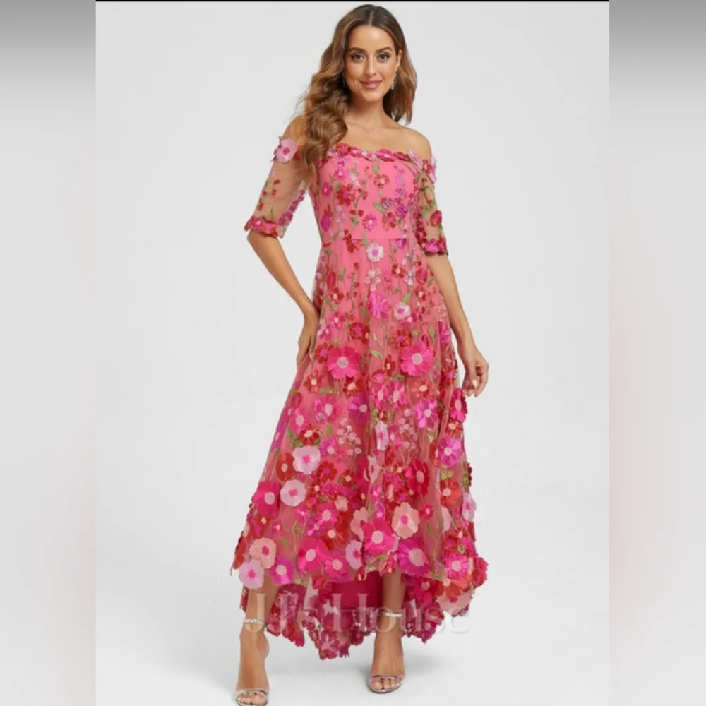 JJs House 3D Floral Pink Off-Shoulder Asymmetrical Dress. NWT. 20W. - Picture 4 of 6